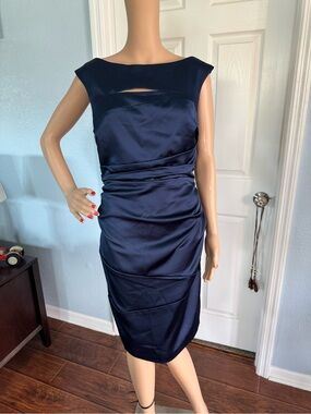 (63) David's Bridal Navy Satin Sheath Dress with Front Keyhole